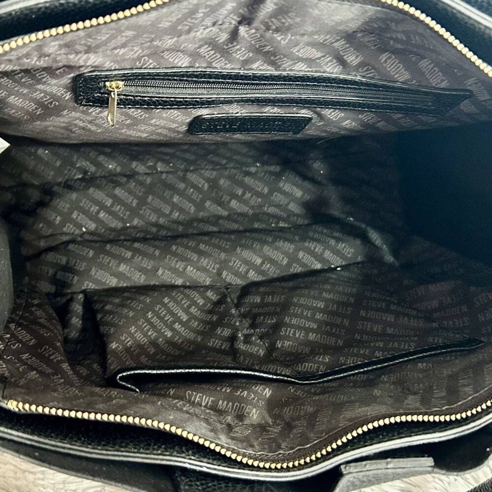 Steve Madden Black Faux Leather Laptop Tote, Gold Zip Front, Work Bag - Picture 4 of 10